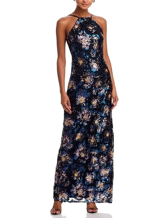New Adrianna Papell Sequin Floral Column Maxi Gown Blue Multi Size 12 $370